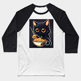 Cute Chibi Anime Manga Black Cat Ramen Lover Baseball T-Shirt